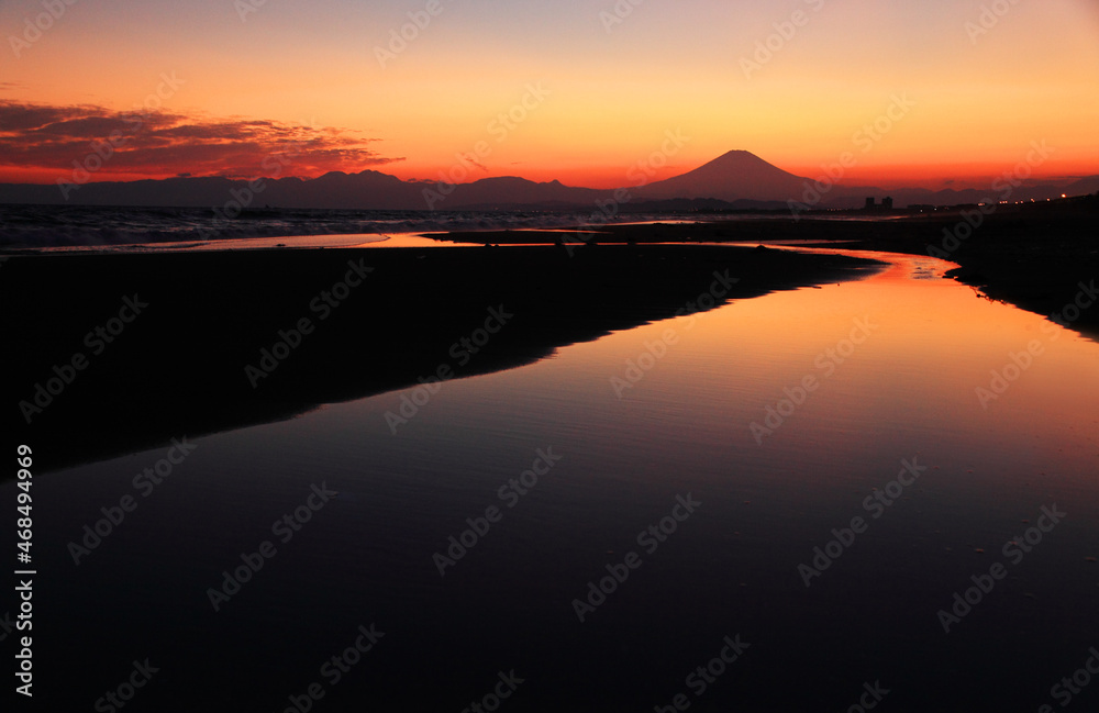 河口湖からみる夕焼けの富士山