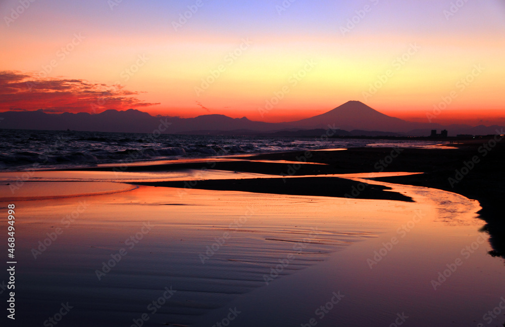 河口湖からみる夕焼けの富士山