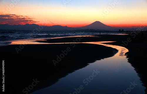 河口湖からみる夕焼けの富士山