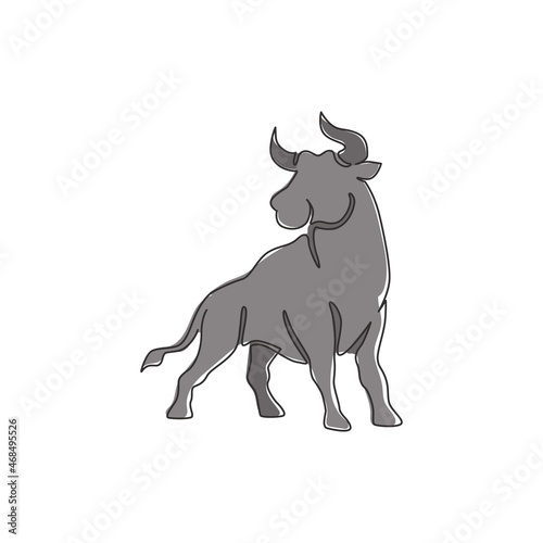 Single continuous line drawing of elegance buffalo for multinational company logo identity. Luxury bull mascot concept for matador show. Trendy one line draw vector graphic design illustration