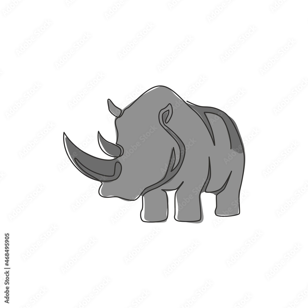 One continuous line drawing of strong white rhinoceros for company logo identity. African rhino animal mascot concept for national zoo safari. Single line draw vector graphic design illustration