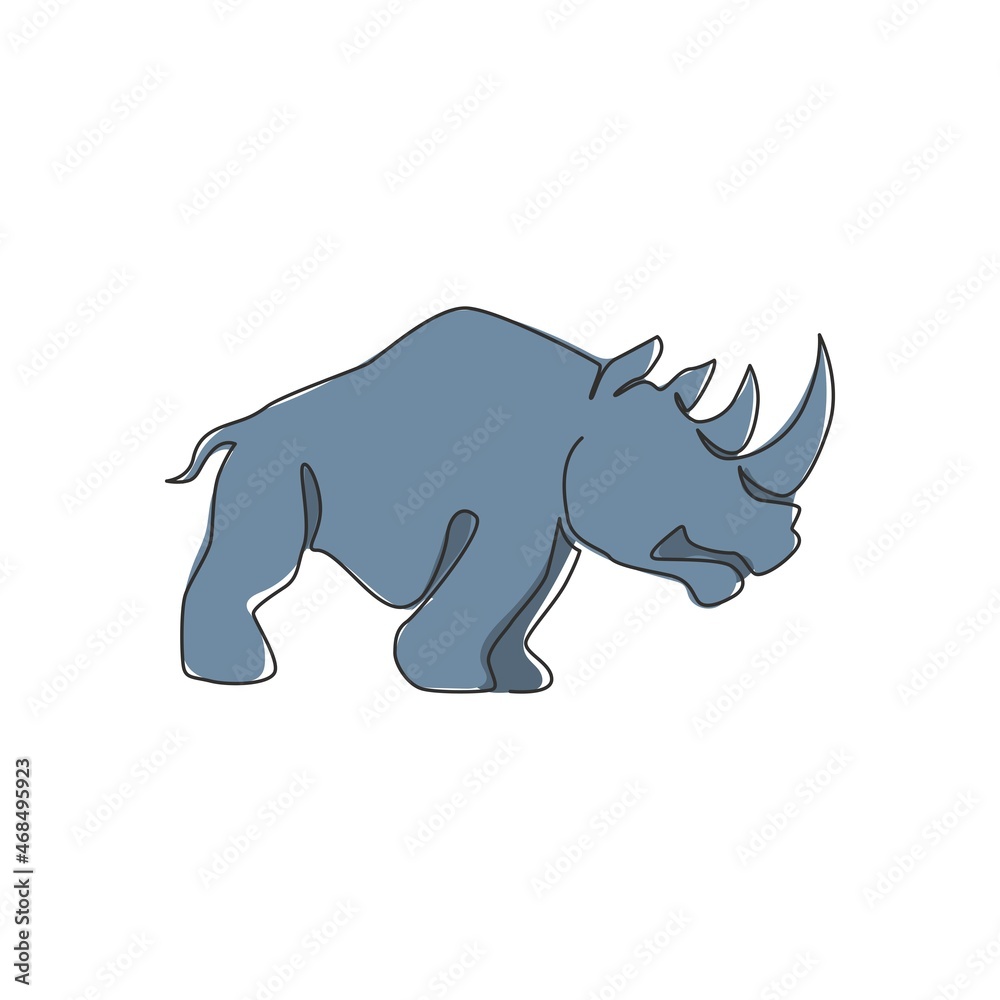 Single continuous line drawing of big African rhinoceros for conservation national park logo identity. Rhino animal mascot concept for national zoo safari. One line draw design vector illustration Single continuous line drawing of big African rhinoceros for conservation national park logo identity. Rhino animal mascot concept for national zoo safari. One line draw design vector illustration
