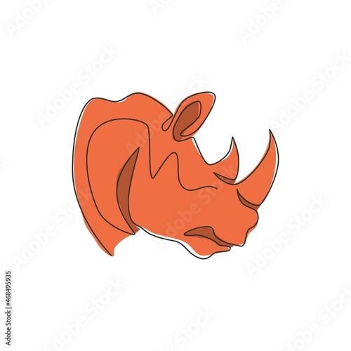 One single line drawing of strong rhinoceros head for conservation national park logo identity. African rhino animal mascot concept for national zoo safari. Continuous line draw design illustration