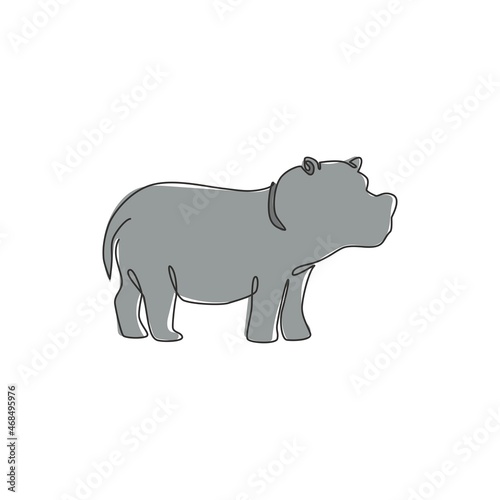 One single line drawing of big cute hippopotamus for kids toy company logo identity. Huge friendly hippo animal mascot concept for national safari zoo. Continuous line draw design vector illustration