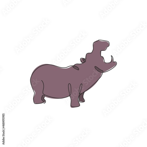 One continuous line drawing of big cute hippopotamus for company logo identity. Huge wild hippo animal mascot concept for national safari zoo. Single line draw graphic vector design illustration