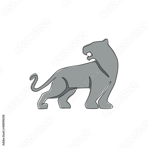 Single continuous line drawing of elegant leopard for hunter team logo identity. Dangerous jaguar mammal animal mascot concept for sport club. Modern one line draw vector graphic design illustration