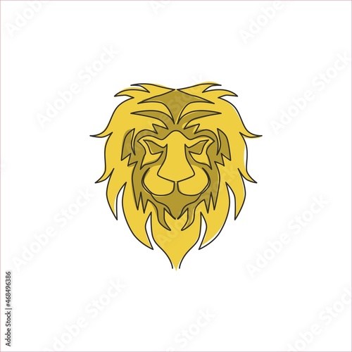One continuous line drawing of king of the jungle  lion head for company logo identity. Strong feline mammal animal mascot concept for national safari zoo. Single line draw design vector illustration