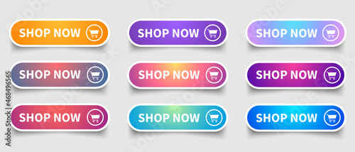 Shop now colourful button set . Shop now or buy now. Modern collection for web site. Vector illustration.