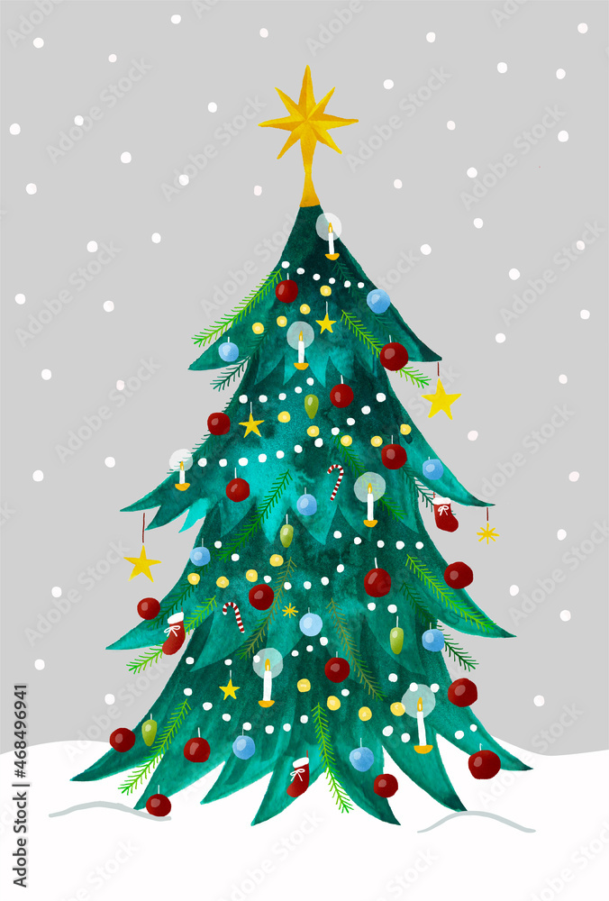 雪と水彩クリスマスツリーのイラスト