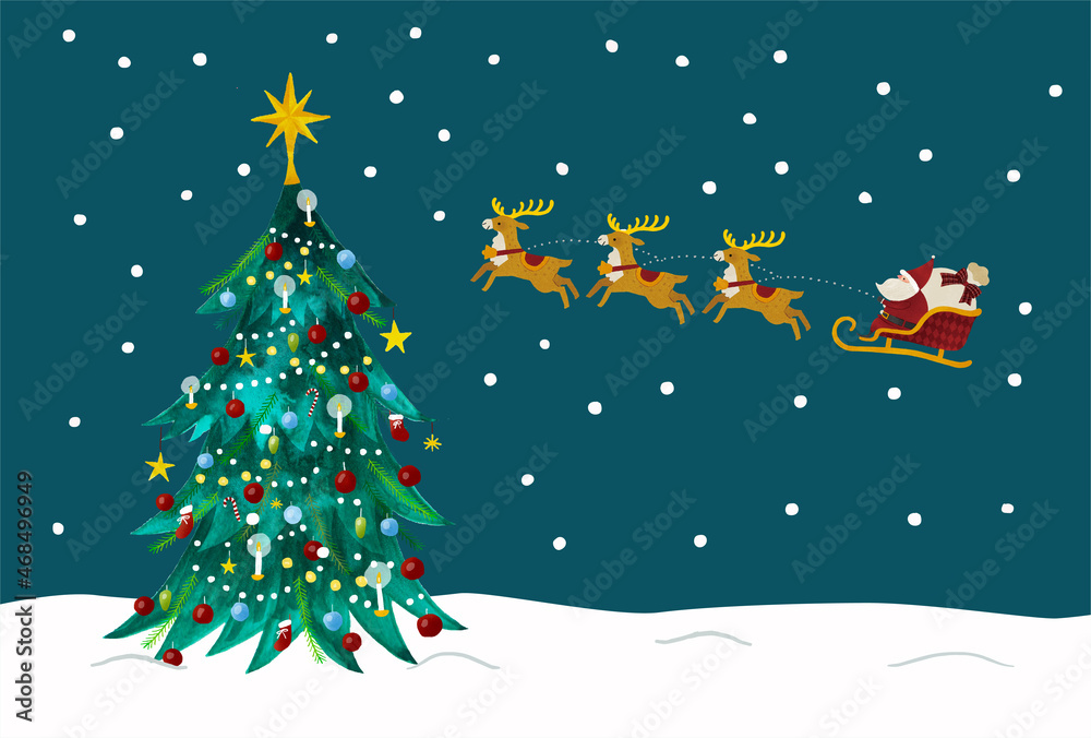 雪とサンタクロースとトナカイと水彩クリスマスツリーのイラスト