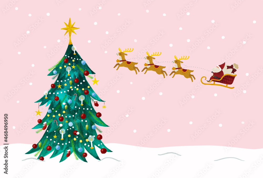 雪とサンタクロースとトナカイと水彩クリスマスツリーのイラスト