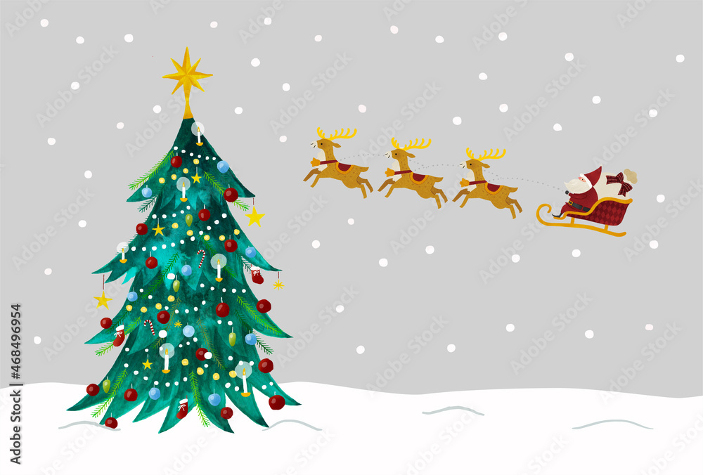 雪とサンタクロースとトナカイと水彩クリスマスツリーのイラスト 雪とサンタクロースとトナカイと水彩クリスマスツリーのイラスト