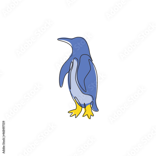 Single continuous line drawing of adorable penguin for company business logo identity. Arctic animal bird mascot concept for kids stationary product. One line graphic vector draw design illustration