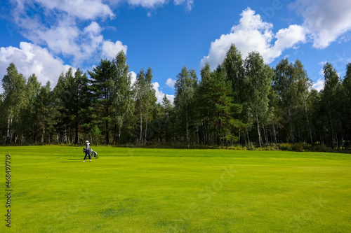  Landscape, golf course,, green grass on the background of the forest and a bright sky with clouds