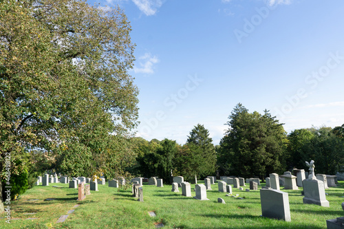 View of tombs and graves on cemetery. Grass and trees around