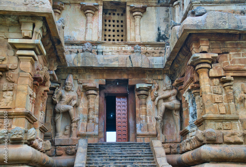 Dwarapala at the northern entrance to the mukhamandapa, Brihadisvara Temple.  Adi Kumbeswarar Temple, Kumbakonam is a Hindu temple dedicated to the deity Shiva. Tamil Nadu, India. photo