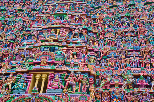 Colorful idols on the Gopuram  Sarangapani Temple. One of the ancient temples in the south of India. Tamil Nadu  India.