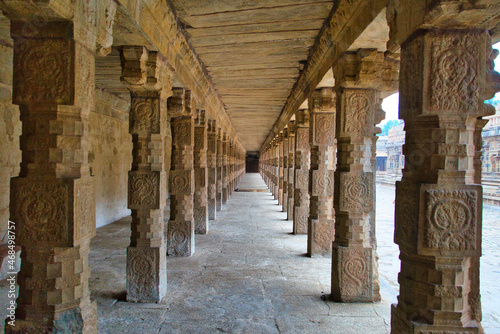 Ancient and simple carved stone pillars. Airavateswara temple. One of the ancient temples in the south of India. Tamil Nadu, India.