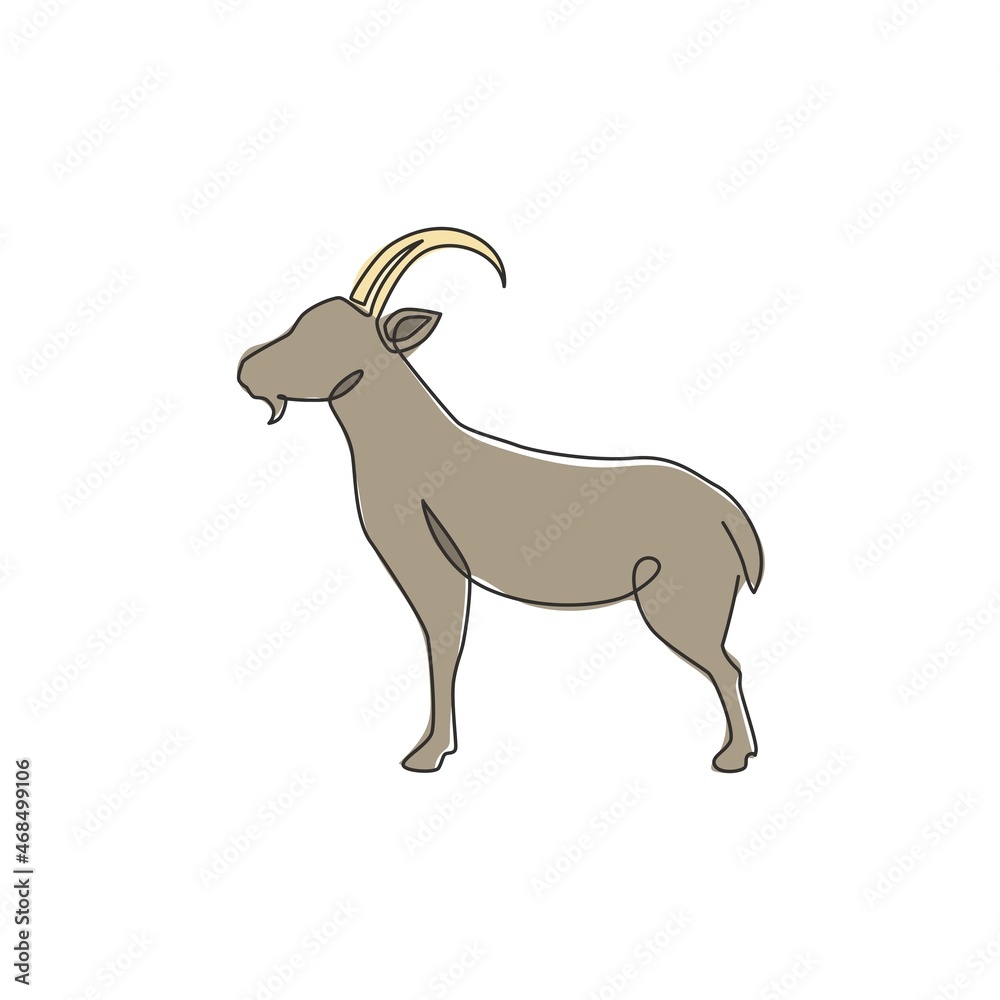 Single continuous line drawing of strong tough goat for business logo identity. Lamb emblem mascot concept for ranch icon. Trendy one line draw design vector graphic illustration