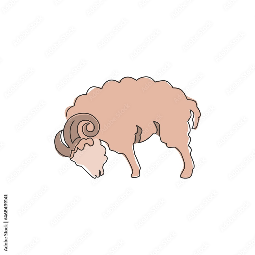 Obraz premium One continuous line drawing of cute sheep for livestock logo identity. Funny lamb mascot emblem concept for cattle icon. Dynamic single line draw graphic design vector illustration