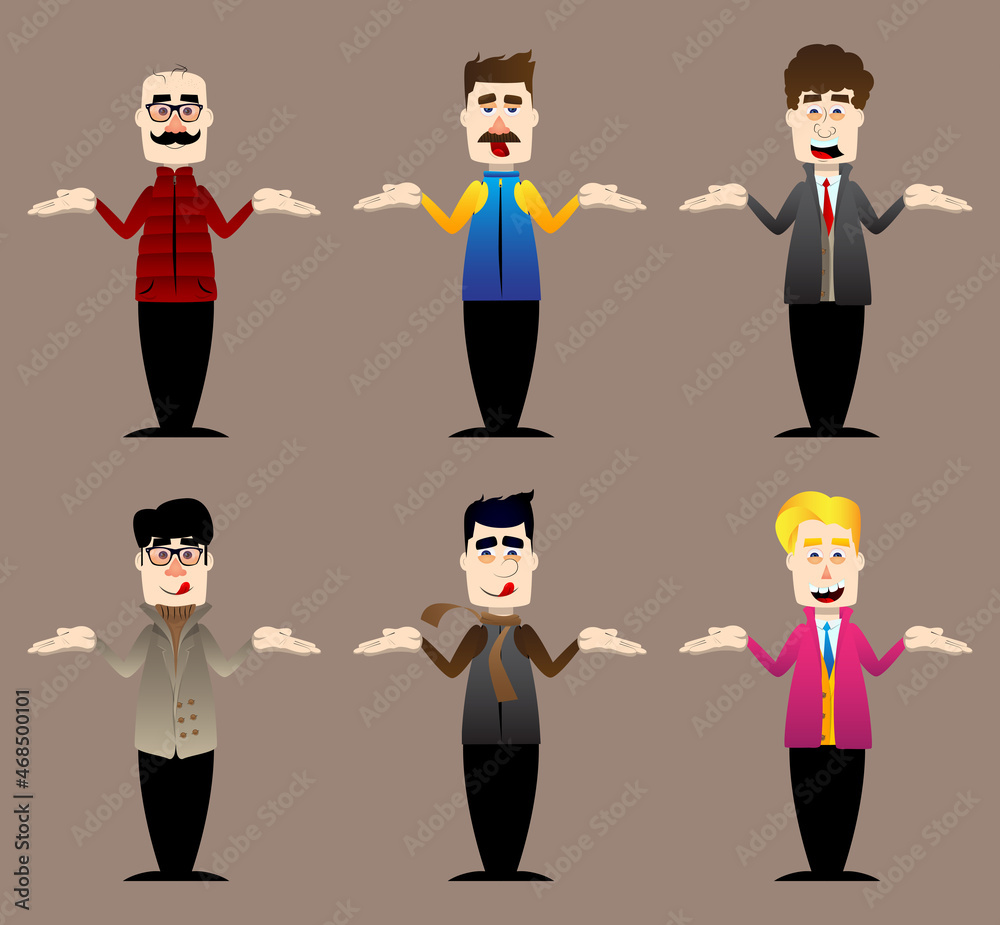 Funny cartoon man dressed for winter shrugs shoulders expressing don't know gesture. Vector illustration. Funny cartoon man dressed for winter shrugs shoulders expressing don't know gesture. Vector illustration.