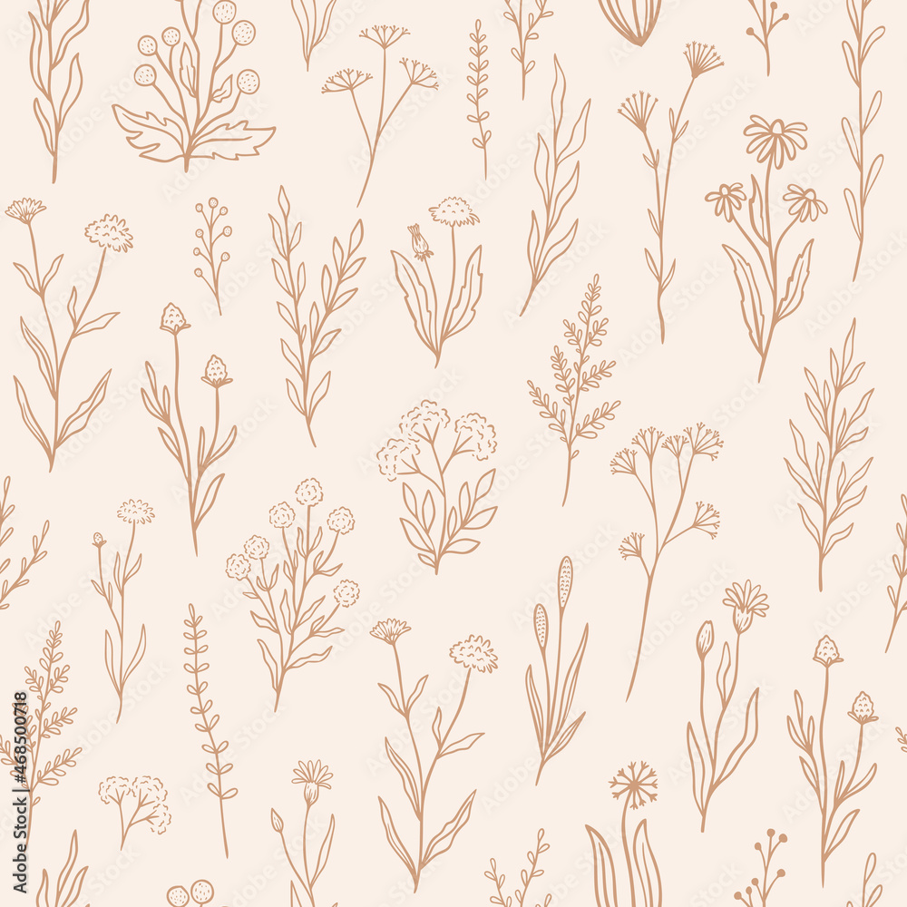 Wildflower seamless pattern with outline florals. Retro style print ...