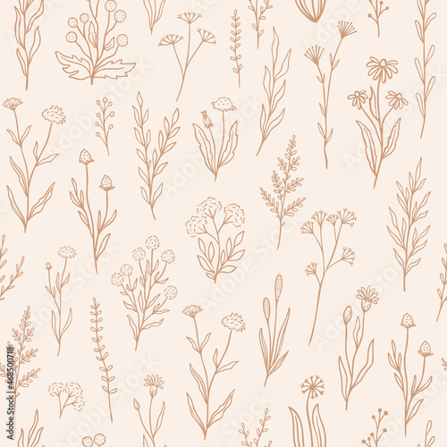 Wildflower seamless pattern with outline florals. Retro style print design with hand drawn doodle flowers in rustic colors. Simple field floral patterns for wallpaper, packaging, fabric design