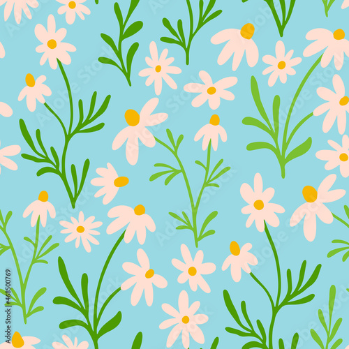 Chamomile and daisy seamless pattern. Wildflower print design with hand drawn flowers on light blue background. Simple field floral pattern for packaging, fabric design. Blossom herbs ornament.