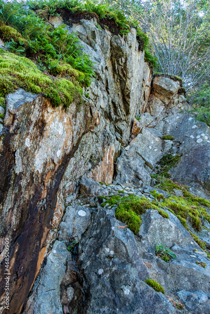 rock faces on the side of the cliff covered with green moss rock faces on the side of the cliff covered with green moss