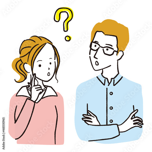 手書き線画カラーイラスト 夫婦　疑問質問？
