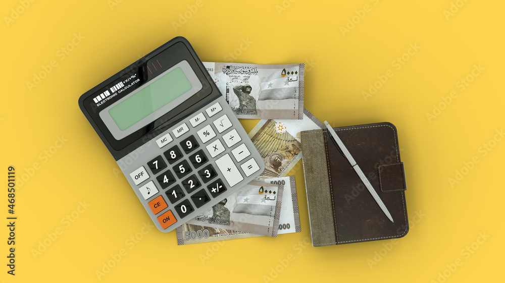 3D rendering of an isolated composition of Syrian pound notes, a calculator, a note book and a pen 3D rendering of an isolated composition of Syrian pound notes, a calculator, a note book and a pen