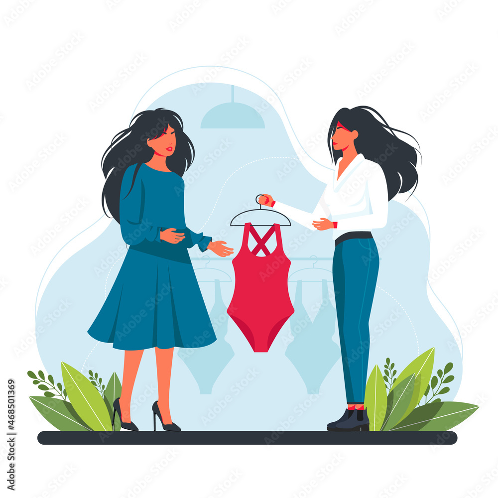 shop assistant helps the buyer to choose swimsuit, dress. consultant gives a woman swimsuit to try on. Shopping, buying trendy fashion clothes. Vector illustration. shopping assistant helps the buyer shop assistant helps the buyer to choose swimsuit, dress. consultant gives a woman swimsuit to try on. Shopping, buying trendy fashion clothes. Vector illustration. shopping assistant helps the buyer