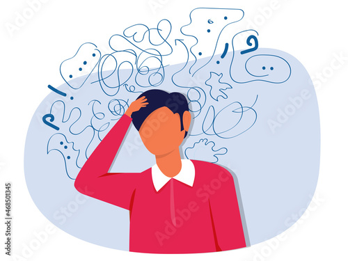 Man suffers from obsessive thoughts; headache; unresolved issues; psychological trauma; depression.Mental stress panic mind disorder illustration Flat vector illustration.