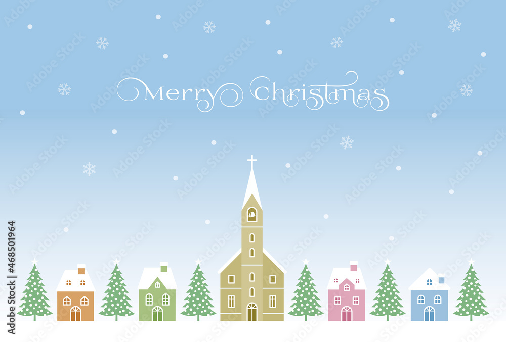おしゃれで可愛いヨーロッパ風の家と教会、クリスマスツリーのクリスマスカード
