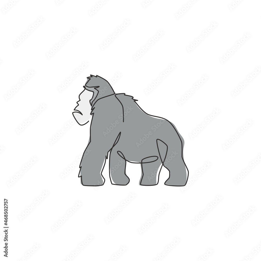 Obraz premium Single continuous line drawing of gorilla for national zoo logo identity. Animal primate portrait mascot concept for e-sport team club icon. Trendy one line draw design graphic vector illustration