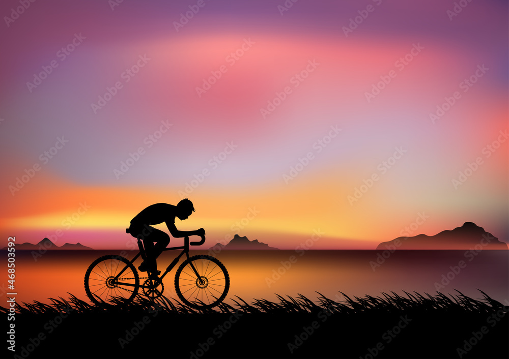 Fototapeta premium a man riding a bicycle in the evening with light of sunset and orange silhouette of sunset vector illustration