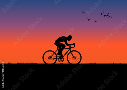 a man riding a bicycle in evening with light of sunset and orange silhouette of sunset vector illustration