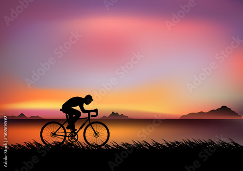 Fototapeta Naklejka Na Ścianę i Meble -  a man riding a bicycle in the evening with light of sunset and orange silhouette of sunset vector illustration