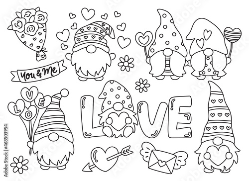 Valentine’s day gnome, gnome couple, gnome with heart outline for coloring vector illustration.