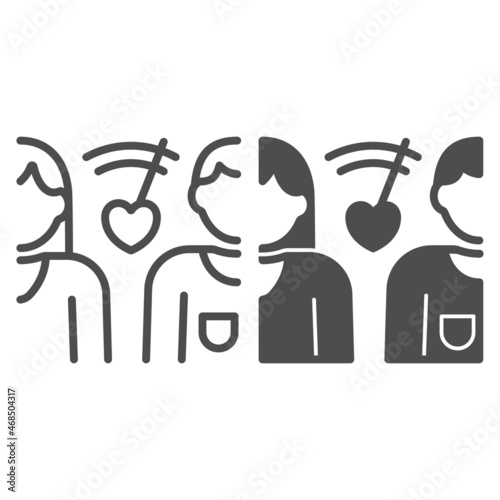 Couple, speedometer, heart, clock, dating line and solid icon, speed dating concept, speed date vector sign on white background, outline style icon for mobile concept and web design. Vector graphics.