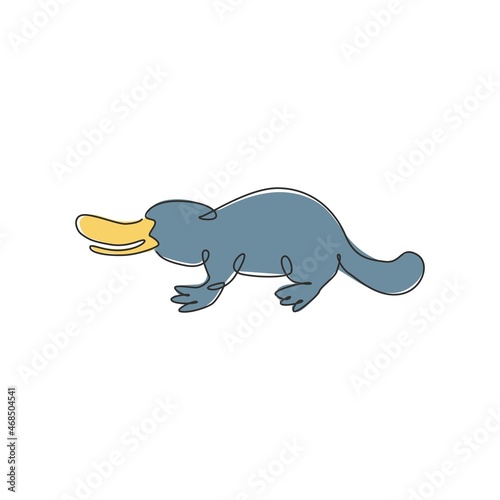 Single continuous line drawing of funny adorable platypus for logo identity. Tasmanian mammal animal mascot concept for national zoo icon. Modern one line draw graphic design vector illustration