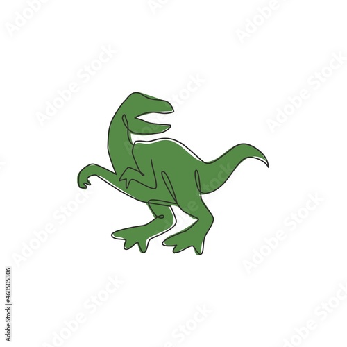 Single continuous line drawing of aggressive velociraptor for logo identity. Prehistoric animal mascot concept for dinosaurs theme amusement park icon. One line draw graphic design vector illustration