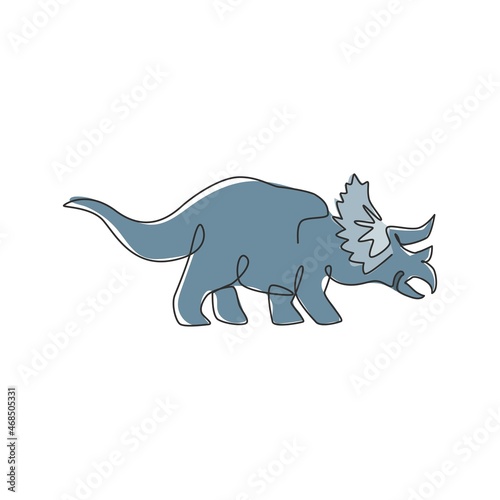 One continuous line drawing of adorable triceratops prehistory animal for logo identity. Dinosaurs mascot concept for prehistoric museum icon. Single line graphic draw design vector illustration © Simple Line