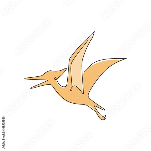 One continuous line drawing of aggressive pterodactyl prehistory animal for logo identity. Dinosaurs mascot concept for prehistoric museum icon. Single line draw design vector illustration graphic