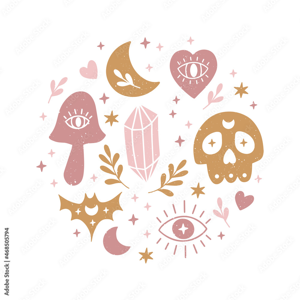 Collection of hand drawn witchy symbols- magic mushroom, mystical crystal, evil eye, celestial bat, floral elements. Witch esoteric concept with moon and stars. Cartoon occult vector illustration.