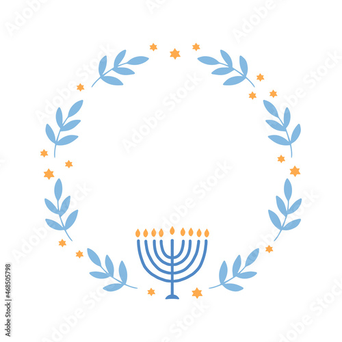 Hanukkah floral wreath with menorah vector illustration. Jewish holiday Chanukah. Hand-drawn festive party decoration. Hanuka greeting card with a traditional symbol.