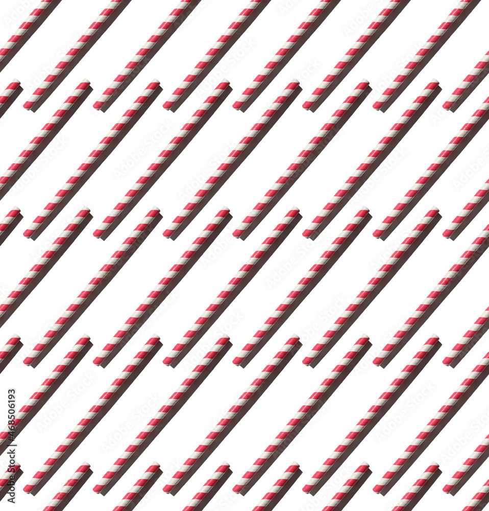 Fototapeta premium Seamless Pattern with red and white striped Drinking Straws. Background for a Christmas or New Year party with eco friendly tubes