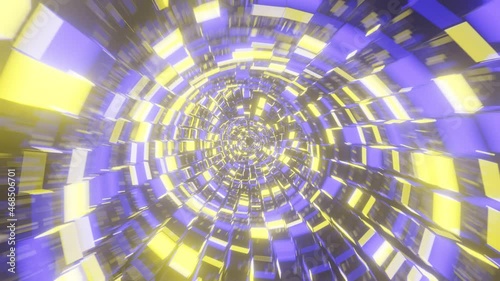 Abstract motion digital wormhole, tunnel consisting of blue and yellow glowing squares. Path through the beautiful digital particle network. Loopable Seamless 3D rendering 4K Animation photo