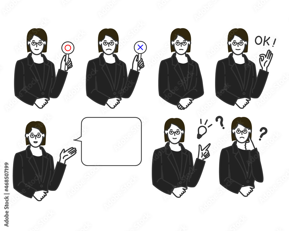 おかっぱのメガネとかけ喪服を着た穏やかそうな葬儀屋の女性職員表情のバリエーションセットの白バックのシンプルな線画のイラスト Stock Vektorgrafik Adobe Stock