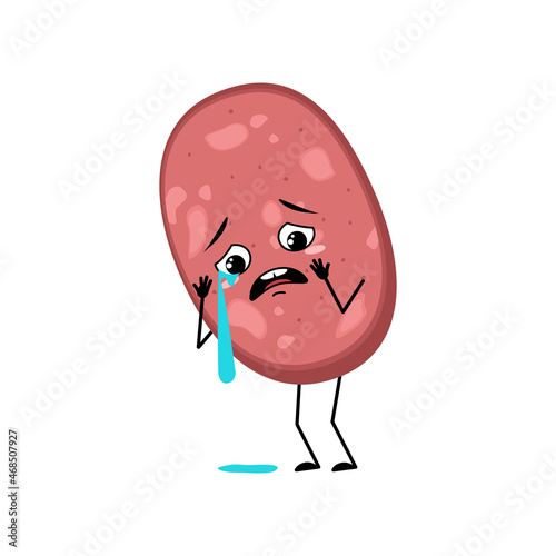 Cute sausage character with crying and tears emotion, sad face, depressive eyes, arms and legs. Fun meal or meat snack with melancholy expression. Vector flat illustration